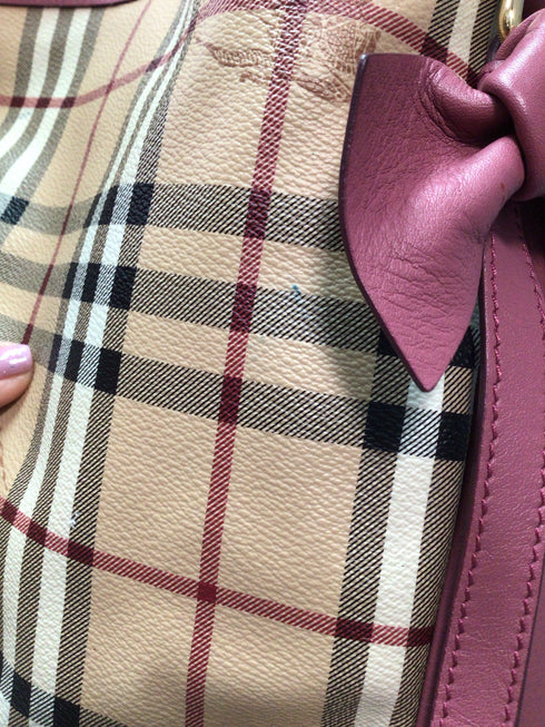 Burberry Haymarket Canter Panel Bow Tote Small Raspberry